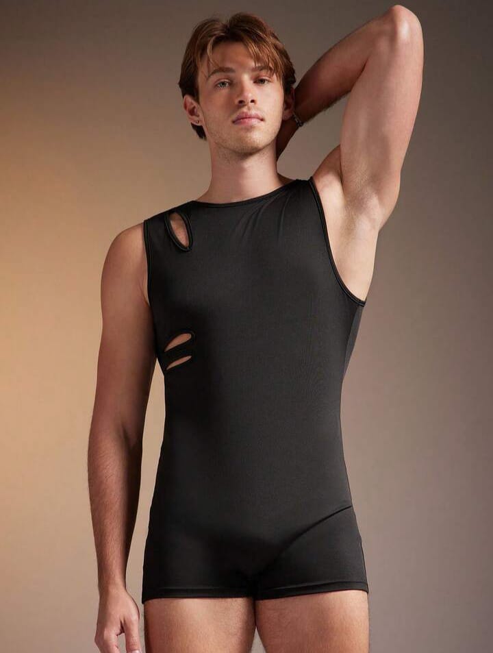 Men's Tight-Fitting Knitted Hollow Out Round Neck Romper